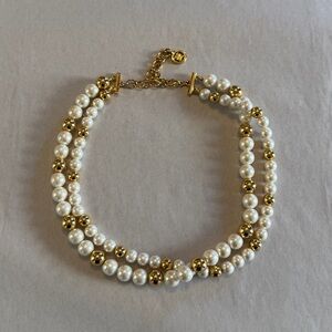 Vtg GIVENCHY Gold Faux Baroque Pearl Double Strand Choker Necklace